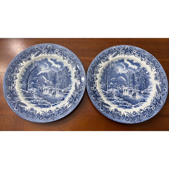 Churchill Currier & Ives Salad Plates 2 Pc Blue White Winter Scene - Picture 1 of 6